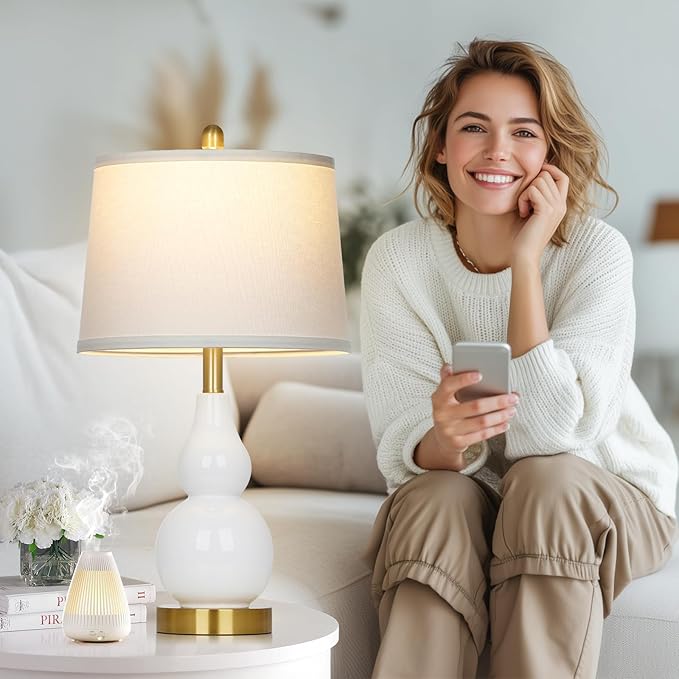 Ceramic Table Lamp for Living Room, 25" Modern Double Gourd Ceramic Lamp for Bedroom White Farmhouse Rustic Classic Bedside Lamp with Round Fabric Shade for Night stand Desk End Tables(Bulb Included)