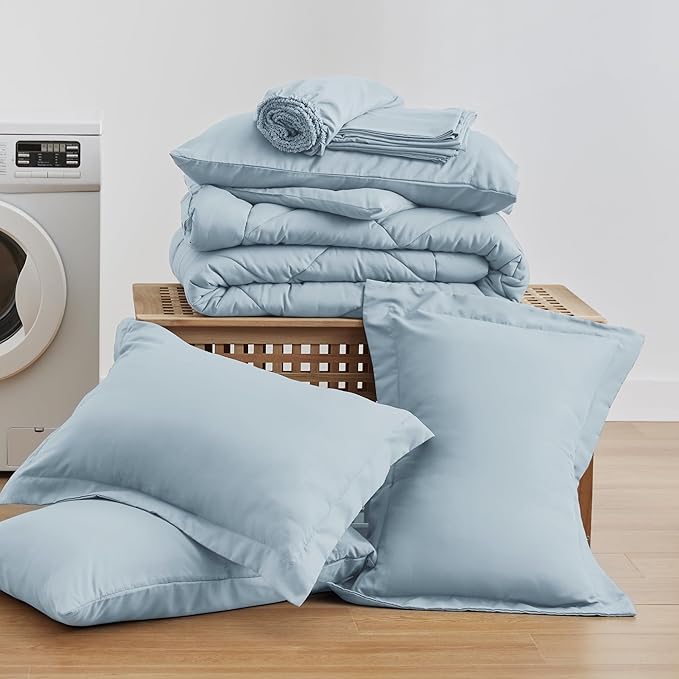 Love's cabin King Size Comforter Set Light Blue, 7 Pieces King Bed in a Bag, All Season Bedding Sets with 1 Comforter, 1 Flat Sheet, 1 Fitted Sheet, 2 Pillowcase and 2 Pillow Sham