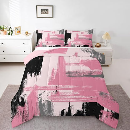 Erosebridal Abstract Pink Comforter Set Toddler Size Girly Black and Pink Comforter Set for Teens Girls Kids Geometric Modern Bedding Sets Minimalists Modern Striped Art Bed Sets for Women Men