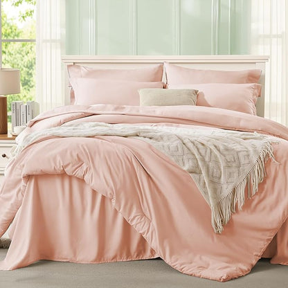 Anluoer Pink California King Comforter Set 7 Pieces, Bed in a Bag with Sheets, All Season Bedding Sets with 1 Comforter, 2 Pillow Shams, 2 Pillowcases, 1 Flat Sheet, 1 Fitted Sheet