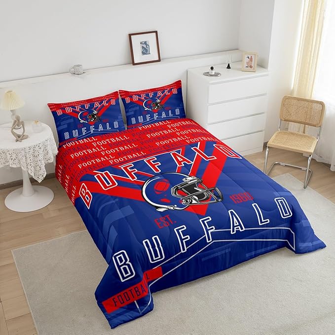 Feelyou Football Bedding Set Boys Girls Twin Size Women Men Rugby Sports Comforter Football City Duvet Quilt Red Blue Room Decor
