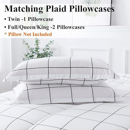 Andency White Grid Comforter Set King(104x90Inch), 3 Pieces (1 Plaid Comforter and 2 Pillowcases) White Plaid Comforter Set, Lightweight Microfiber Gingham Geometric Comforter Bedding Set