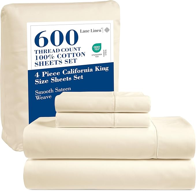 LANE LINEN 600 Thread Count 100% Cotton Bedding Sheet & Pillowcases California King, Soft & Comfy Sateen Weave Hotel Style Thick California King Sheets Set, Machine Wash - Ivory