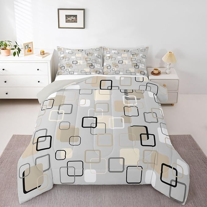 Erosebridal Minimalist Geometric Square Bedding Set Full Mid-Century Plaid Comforter Set for Kids Girls Boys Neutral Gray Beige Abstract Down Comforter Modern Checkered Quilt Duvet
