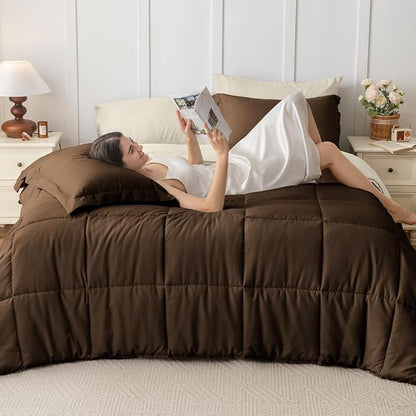 JOLLYVOGUE Twin Comforter Set, Ultra-Soft Bed in a Bag Twin Size 5 Pieces, Oeko-TEX Certified Bedding Set with Down Alternative Comforter, Sheets, Pillowcases & Shams, Brown & Beige