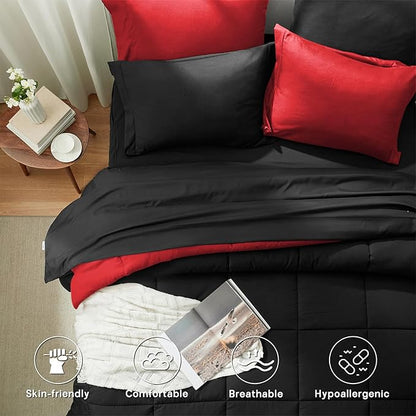 Anluoer Full Size Comforter Sets 7 Pieces, Black Bed in a Bag Bedding Set with 1 Comforter(82"*86"), 2 Pillow Shams, 2 Pillowcases, 1 Flat Sheet, 1 Fitted Sheet(54"*75")