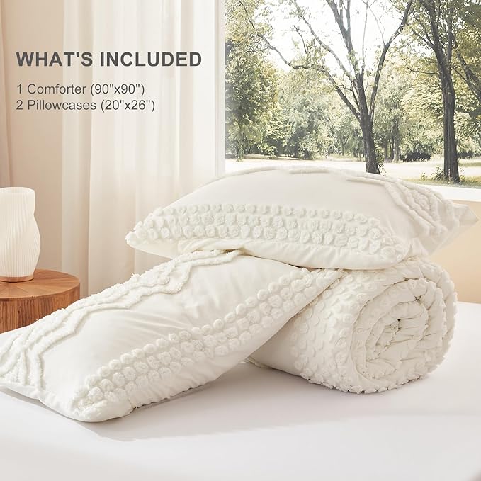 Luxudecor Boho Tufted Comforter Set Queen Size 3 Pieces Ivory White Shabby Chic Comforter Farmhouse Embroidery Bedding Set Soft Comforter for All Seasons (Ivory White, 90''x90'')