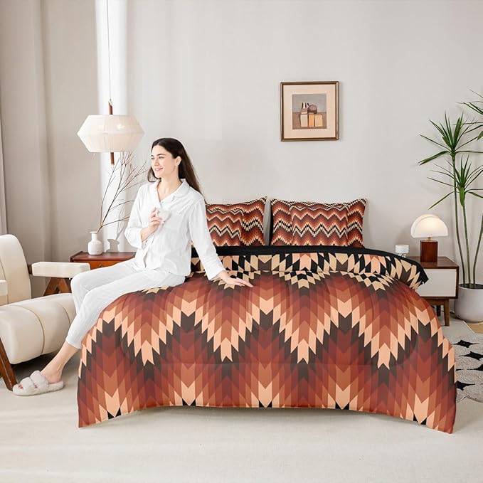 Erosebridal 7 Piece Aztec Native Bedding Set Twin Exotic Brown Western Comforter Set Tribal Geometric Southwestern Bed in A Bag for Kids Women Vintage Bohemian Stripes Quilt with Flat Fitted Sheet