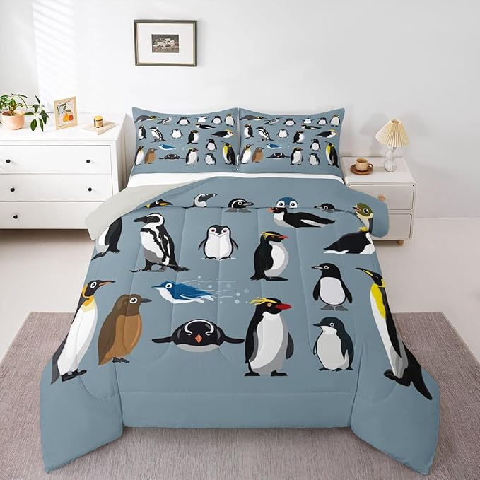 Erosebridal Penguins Bedding Set for Boys Young,Antarctica Animals Wildlife Comforter Set for Kids Man,Cartoon Little Penguins Quilted Duvet,Cute Wild Safari Theme Bedroom Decor Twin Size