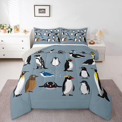 Erosebridal Penguins Bedding Set for Boys Young,Antarctica Animals Wildlife Comforter Set for Kids Man,Cartoon Little Penguins Quilted Duvet,Cute Wild Safari Theme Bedroom Decor Twin Size