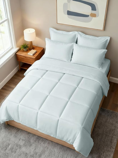 King Comforter Set - 7 Piece Bed in a Bag King Size Bed Set - Down Alternative Comforter, Flat Sheet, Fitted Sheet, Pillowcase & Shams for All Seasons - Ultra Soft, Cozy, Comfy & Breathable - Ice Blue