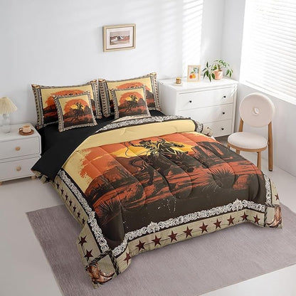 Feelyou Western Decor Comforter Set with Sheets King Size Kids West Cowboy Horse 7 Pieces Bedding Set for Boys Girls Teens Rodeo Cowboy Style Bed in a Bag Breathable Grunge Design Bed Set Star Sunset