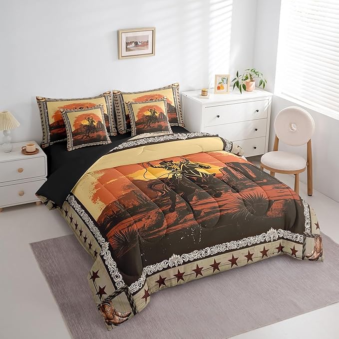 Feelyou Western Decor Comforter Set with Sheets Full Size Kids West Cowboy Horse 7 Pieces Bedding Set for Boys Girls Teens Rodeo Cowboy Style Bed in a Bag Breathable Grunge Design Bed Set Star Sunset