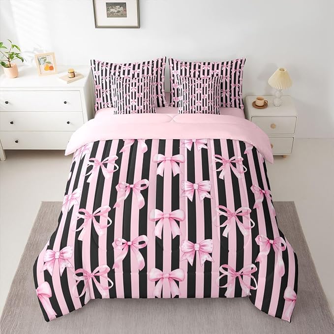 Erosebridal Kids Girls Bowknot Bow Black Pink Y2K Comforter Set Queen Size 7 Pieces | Kawaii Cute Bed in A Bag Stripe Bed Set Geometric Bedding