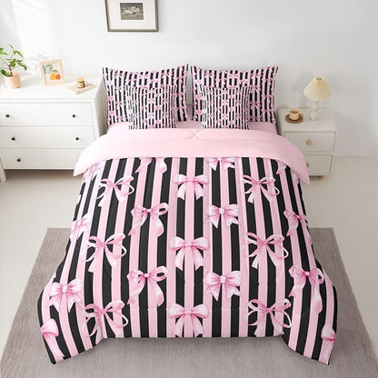 Erosebridal Kids Girls Bowknot Bow Black Pink Y2K Full Comforter Set 7 Pieces | Kawaii Cute Bed in A Bag for Bedroom Stripe Bedding Set with Comforters Geometric Room Decor