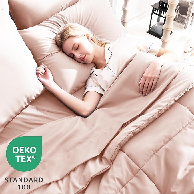 CozyLux Queen Comforter Set Blush Pink, 7 Pieces Bed in a Bag, Pink Comforter Queen Size, All Season Bedding Sets with Stitch Quilted Comforter, Flat Sheet, Fitted Sheet, Pillowcases