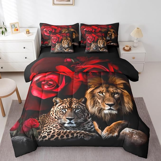 Feelyou Lion Tiger Comforter Set King Size 7 Pieces Girls Rose Floral Wild Animal Bed in a Bag Kids Romantic Flower Bedding Set Wildlife Bed Set with Comforter, Sheet Set, Pillowcases, Pillow Covers