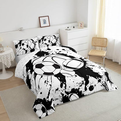 Feelyou Football Comforter Set Toddler Size Baseball Comforter for Boys Girls Teens Sports Game Bedding Set Rugby Sports Duvet Set Room Decor White Balck Mixed Ball Quilt Set