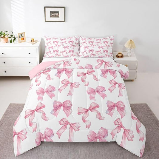 Erosebridal Cute Pink Bow Full Bedding Set for Girls,Dreamy Coquette Bowknot Comforter Set Girly Princess Style Bedding Comforter Sets Cute Kawaii Pink Bow Bed Set for Kids Teen Women