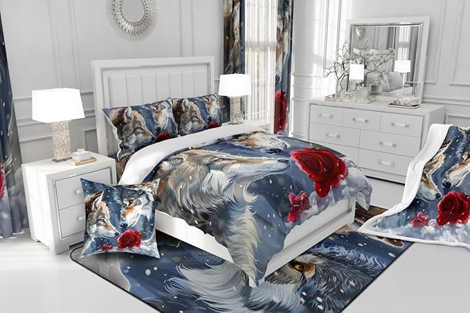 Erosebridal Wolf Queen Bedding Set,Hunting Wolf Comforter Set for Women Men Bedroom Decor,Wildlife Animal Safari Bed Set Exotic Red Rose Floral Bedding Comforter Sets,2 Pillowcases