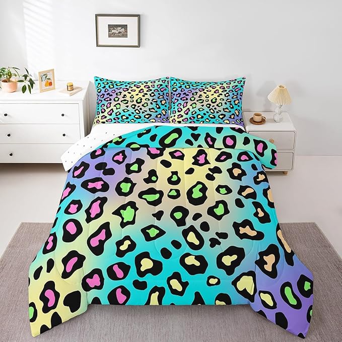 Feelyou Leapord Comforter Set Queen Size Leopard Print Comforter for Boys Girls Teens Cheetah Print Bedding Set Morden Duvet Set Room Decor Pale Blue Quilt Set
