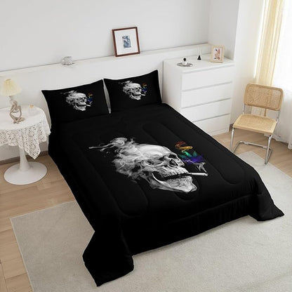 Erosebridal Gothic Skull Bedding Toddler, Leaves Comforter Set for Kids Boys Girls,Smoky Skeleton Down Comforter, Plant Tropical Botanical Bedding Comforter Sets for Bedroom Decor