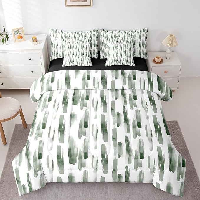 Erosebridal 7Pcs Sage Green Striped Comforter Set Twin Size,Green and White Geometric Abstract Bed in A Bag,Art Aesthetic Ink Painting Bedding,Contemporary Watercolor Graffiti Boho Quilt