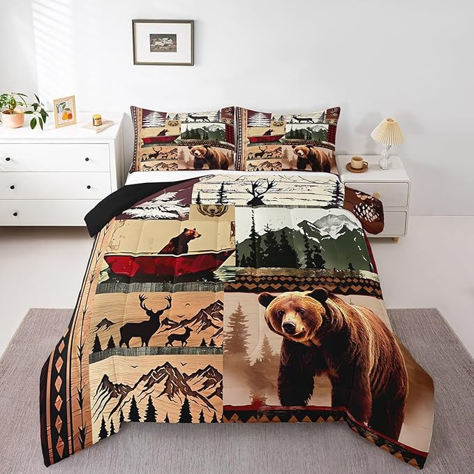 Feelyou Bear Bedding Set Farmhouse Wild Animals Comforter Set for Kids Boys Girls Cute Elk Print Comforter Western Cabin Patchwork Quilt Set Bedroom Collection 2Pcs Twin Size