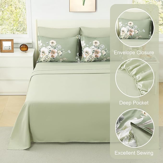 Floral Comforters Queen Size 7 Pieces Botanical Green Flower Bed in a Bag Ulter Soft Microfiber Bedding Set, Lightweight Bed Comforter Set with Sheets for All Season (Green, Queen)