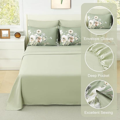 Floral Comforters Queen Size 7 Pieces Botanical Green Flower Bed in a Bag Ulter Soft Microfiber Bedding Set, Lightweight Bed Comforter Set with Sheets for All Season (Green, Queen)