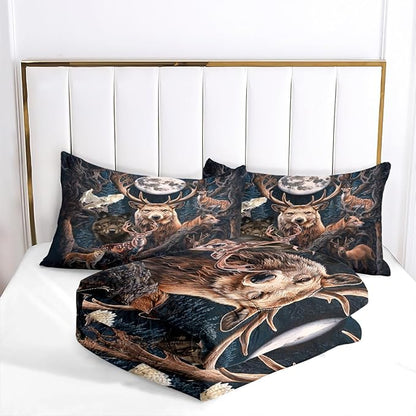 Hunting Comforter Set Full Size, Wild Animal Print Bedding Set, 3 Pieces Jungle Bedroom Decor with 2 Pillowcases/79 * 90