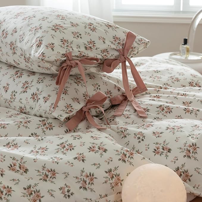mixinni 3pcs Boho Floral Comforter Set Twin/Twin XL Size, Garden Style Pink White Flower Leaves Bedding Comforter Sets for Women, 1 Soft Aesthetic Comforter and 2 Bow tie Pillowcases for All Seasons