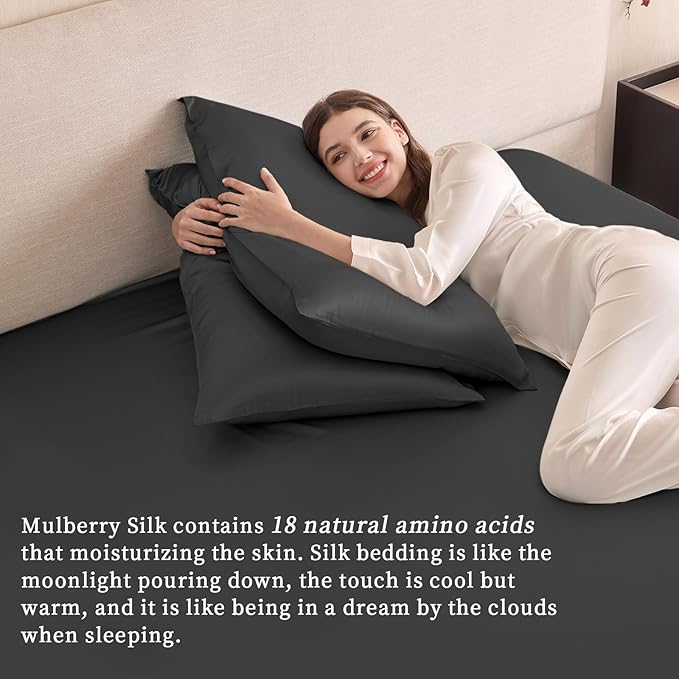 THXSILK 6A+ Top Grade 100% Pure Mulberry Silk Queen Fitted Sheet 3Pcs Set Bed Sheets Luxury Bedding for Hair and Skin Breathable Cooling Natural Materials, 1 Fitted Sheet with 2 Pillowcases, Black