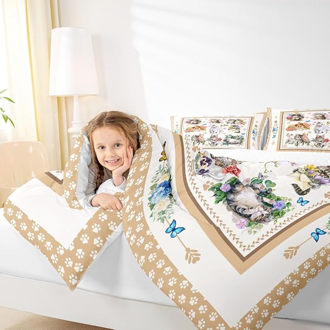 Cute Cats Kids Comforter Set King Size,Cartoon Animal Paws Print Toddler Bedding Set,Girls Boys Adults Room Decor,Butterfly Flowers Romantic Down Comforter,Bright Lovely Duvet Insert,2 Pillowcases