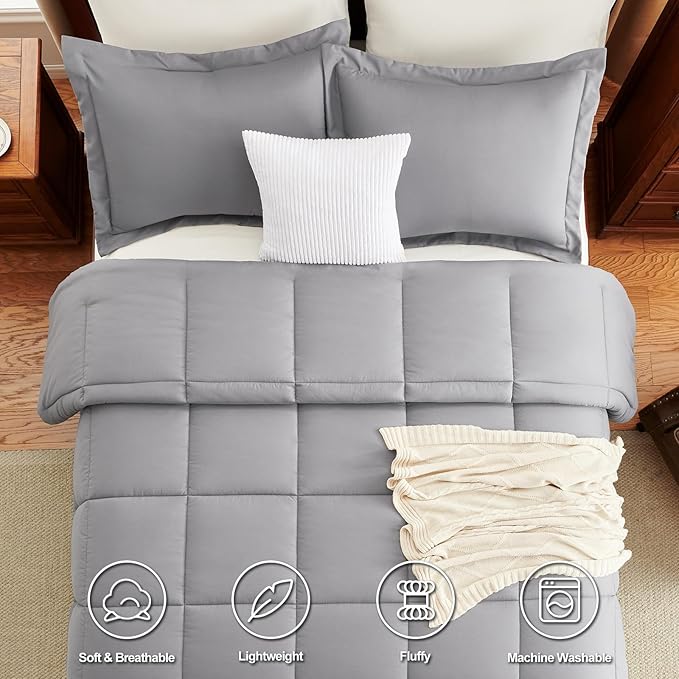 CozyLux Queen Comforter Set - Grey Comforters Queen Size, 3 Pieces Box Stitched Bed Set for All Seasons, Soft Lightweight Bedding Sets with 1 Down Alternative Comforter and 2 Pillow Shams