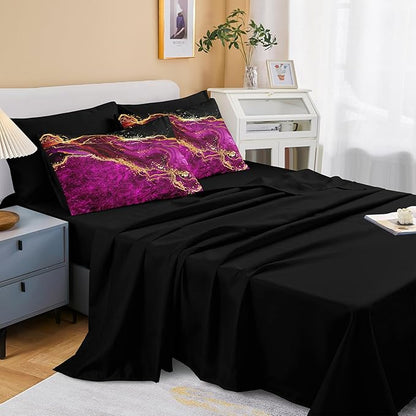Black Gold Comforter Set 8 Pcs Hot Pink Marble Bedding Set Queen Size Bed in A Bag Purple and Black Marble Stone Texture Abstract Room Decor Black Marble Bed Comforter