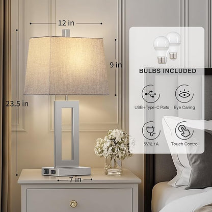 Touch Control Table Lamp Set of 2, Modern Silver Bedside Lamps with USB C+A Ports & AC Outlet, 3 Way Dimmable Bedroom Lamps for Night Stands Bedroom Living Room,Nightstand Lamp