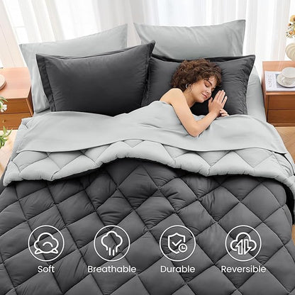 MUXHOMO 5 Pieces Twin XL Comforter Set, Reversible Bed in a Bag Twin XL Size, All Season Bedding Set with Comforter, Flat Sheet, Fitted Sheet, Pillowcases & Shams, Dark Grey & Light Grey