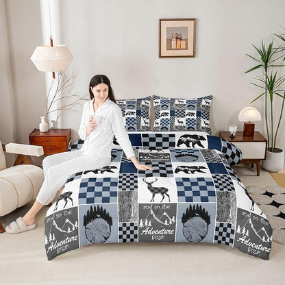 Adult Cabin Comforter Set King, Retro Rustic Lodge Bedding Set Bear Deer Elk Duvet Insert Country Checkered Buffalo Plaid Patchwork Down Comforter Christmas Deer Decorations Indoor, Blue Grey