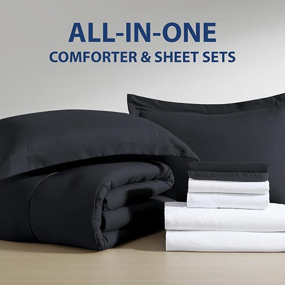 Cathay Home Basic Bedding Home Essential Ultra Soft Light Weight 6PC Wrinkle Resistant Microfiber Bed in a Bag Set (Includes Complete Sheet Set, Comforter Set & Bedskirt) - Twin, Black