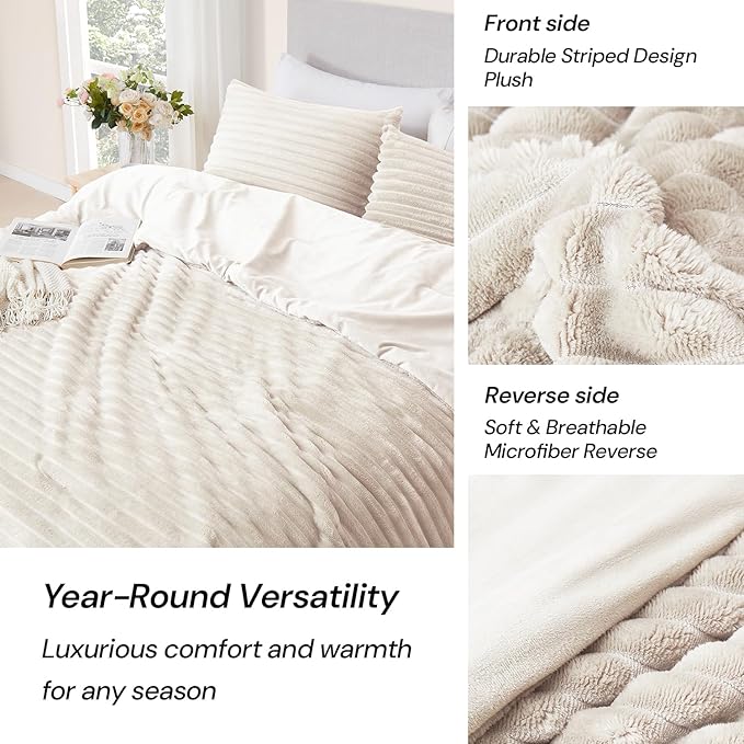 Geniospin King Size Comforter Set Ivory, Ultra-Soft Microplush Fleece Bedding Sets, Reversible 3-Piece Comforters Set for All Season, Warm & Cozy (Ivory, 102''x90'')