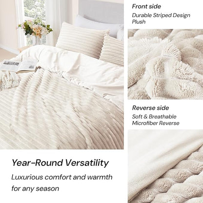 Geniospin King Size Comforter Set Ivory, Ultra-Soft Microplush Fleece Bedding Sets, Reversible 3-Piece Comforters Set for All Season, Warm & Cozy (Ivory, 102''x90'')