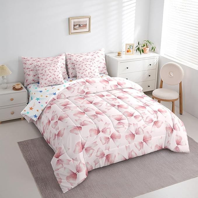 Feelyou Pink Bow Comforter Set with Sheets Twin Size Kids Bowknot 7 Pieces Bedding Set for Boys Girls Teens Gift for Girls Women Bed in a Bag Breathable Princess Décor Bed Set