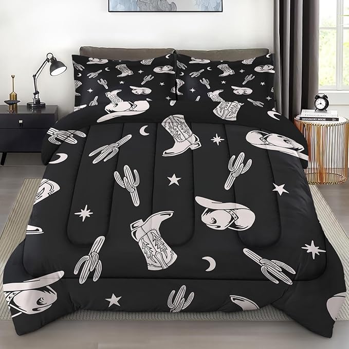 Comforter Set Queen Size, Western Cactus Cowboy Soft 3 Pcs Bedding for Kids and Adults, Boho Cowgirl American Comforter Set with Pillowcase, for Bedroom Bed Decor