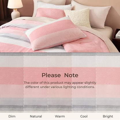 Litanika Fluffy Fleece Full Size Comforter Set, Luxury Soft Plush Fuzzy Blush Stripe Bedding Comforter Sets, Warm Shaggy Faux Fur Bed Set All Season (1 Comforter, 2 Pillowcases)