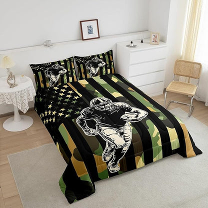Feelyou Rugby Comforter Set Full Size Football Player Comforter for Boys Girls Teens Camo Bedding Set American Flag Duvet Set Room Decor Camouflage Quilt Set