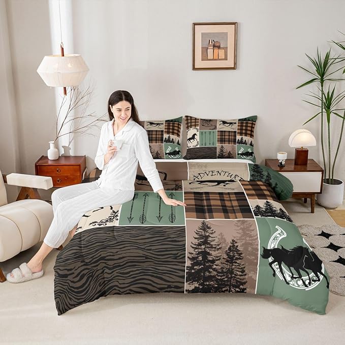 Erosebridal Horse Comforter Set Twin Size, Western Cowboy Cowgirl Bedding Set for Kids Boys Teens Bedroom, Forest Arrow Horseshoe Patchwork Duvet Insert Retro Geometric Plaid Quilt Cabin Lodge Decor