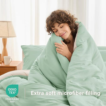 MUXHOMO 7 Pieces Full Comforter Set, Soft Bed in a Bag Full Size, All Season Bedding Set with Comforter, Flat Sheet, Fitted Sheet, Pillowcases & Shams, Sage Green & Beige