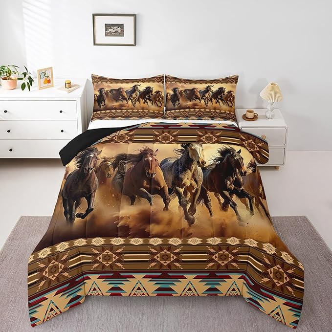 Feelyou Boho Comforter Set King Size Horses Comforter Southwestern Native Aztec Bedding Set Retro Exotic Boho Duvet Set Room Decor Dark Brown Quilt Set