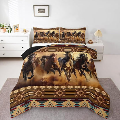 Feelyou Boho Comforter Set Full Size Horses Comforter Southwestern Native Aztec Bedding Set Retro Exotic Boho Duvet Set Room Decor Dark Brown Quilt Set